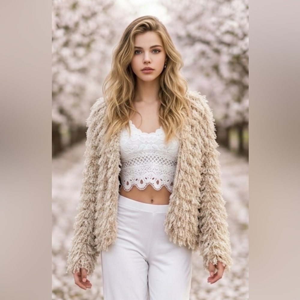Beige Textured Fringe Open Front Jacket